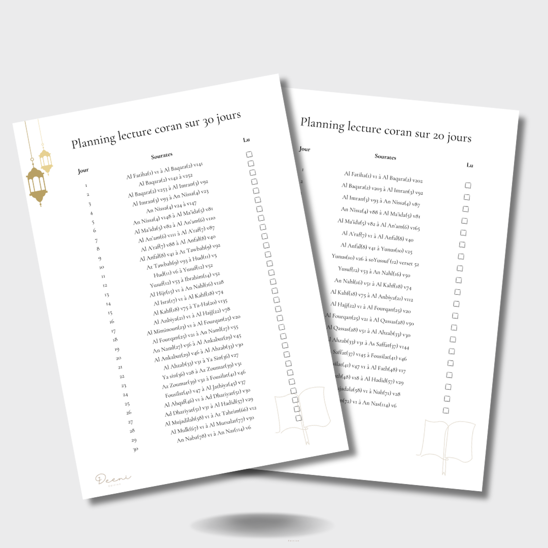Planning coran sur 20 ou 30 jours - PDF